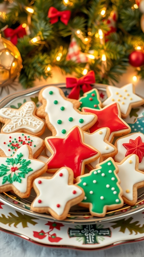 A colorful assortment of Christmas cookies on a platter, decorated with icing and sprinkles, with holiday decorations in the background.